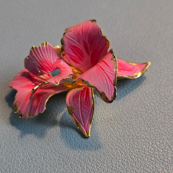 Vintage Cerrito 1982 Hand Painted Light Pink & Gold Orchid Flower Brooch Pin 2" - Picture 3 of 13